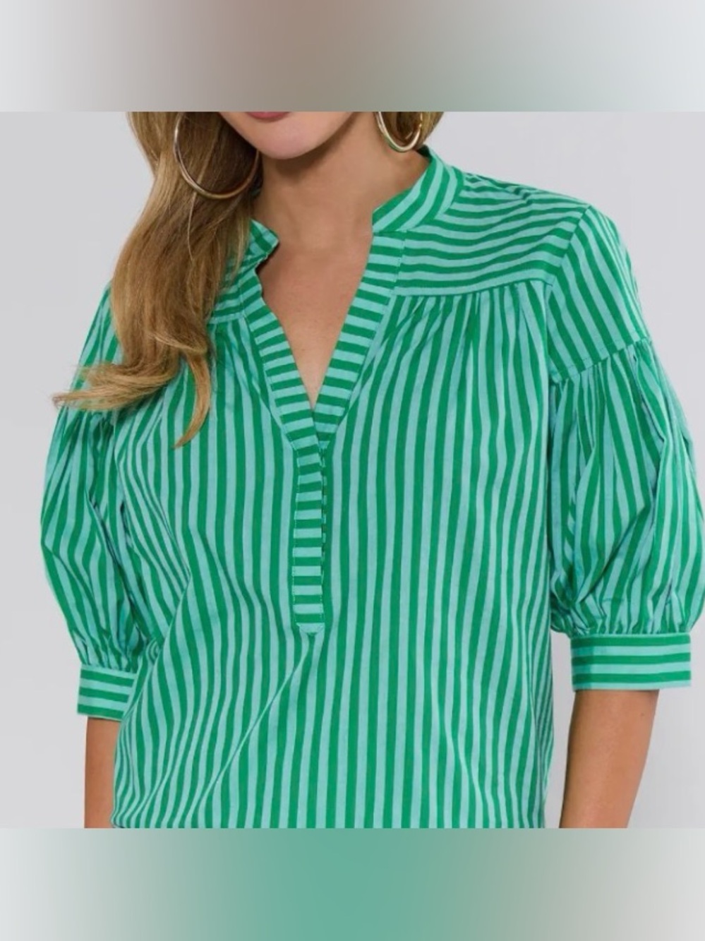 Avara Green Striped Puff Sleeve Blouse